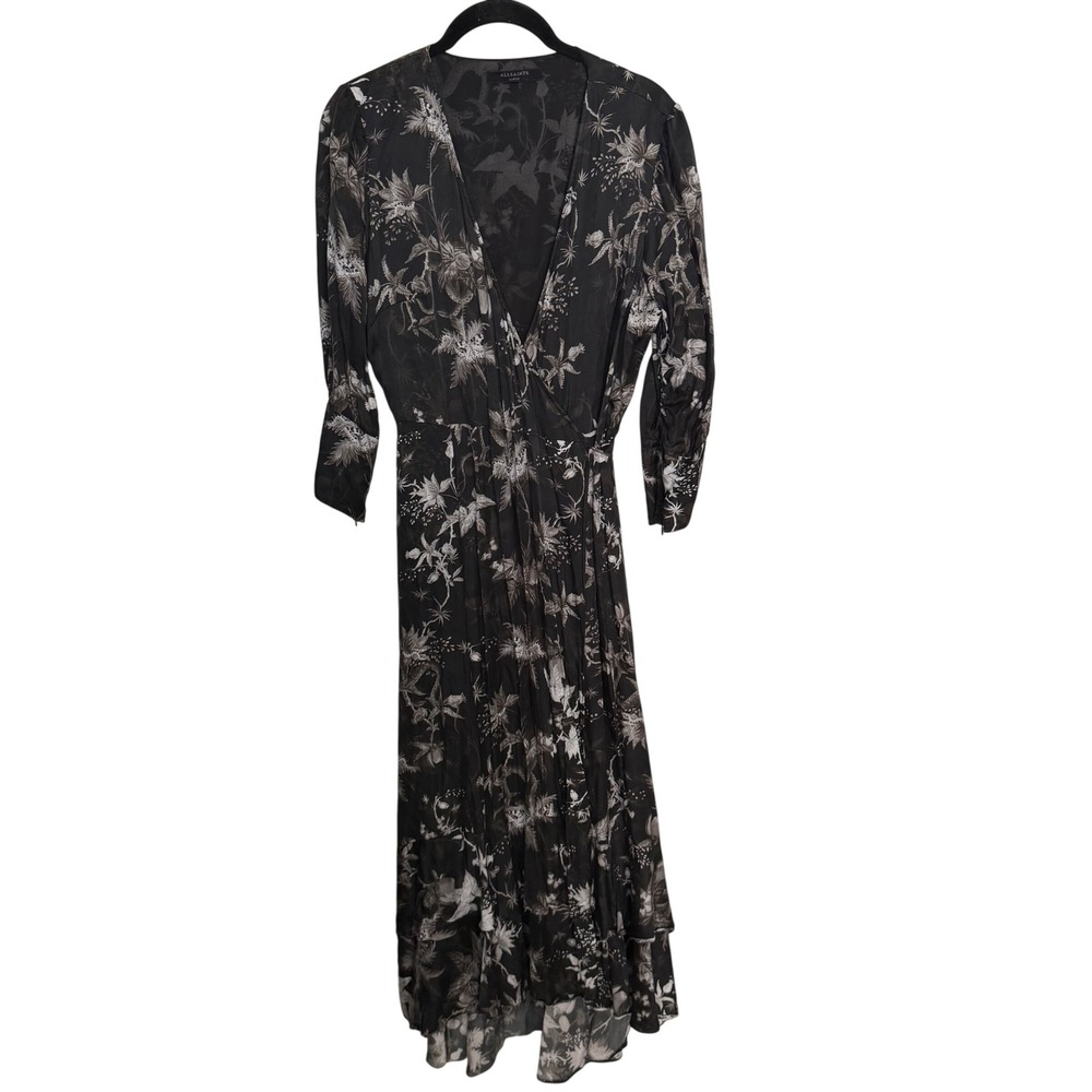 AllSaints‎ Tage Evolution Silk Blend Wrap Midi Dress Black Floral Dragon Large